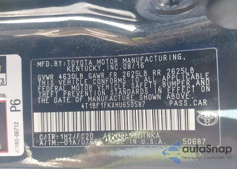 2017 Toyota Camry Le z USA, uszkodzony, nr VIN 4T1BF1FKXHU650587